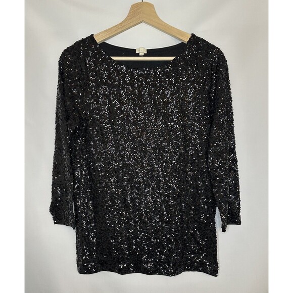 J. CREW Womens Black Sequin Blouse Size S Boatneck 3/4 Sleeve Pullover Glitzy - Picture 1 of 7